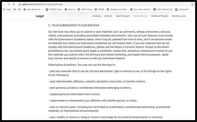 Screenshot of submission disclaimer language