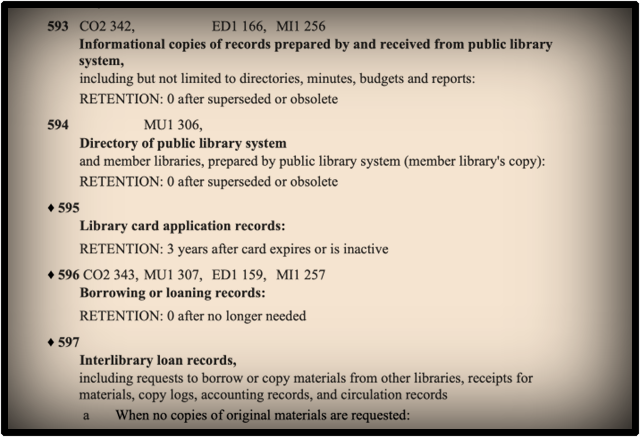 Screenshot of LGS-1 showing information about Library card application records. The text on the page reads: 593 CO2 342 EDI 166, MI1 256 Informational copies of records prepared by and received from public library system, including but not limited to directories, minutes, budgets and reports: RETENTION: 0 after superseded or obsolete. 594 MU1 306, Directory of public library system and member libraries, prepared by public library system (member library's copy): RETENTION: 0 after superseded or obsolete. (Highlighted) 595 Library card application records: RETENTION: 3 years after card expires or is inactive (end highlight). 596 CO2 343, MU1 307, ED1 159, MI1 257 Borrowing or loaning records: RETENTION: 0 after no longer needed. 597 Interlibrary loan records, including requests to borrow or copy materials from other libraries, receipts for materials, copy logs, accounting records, and circulation records a when no copies of original materials are requested.