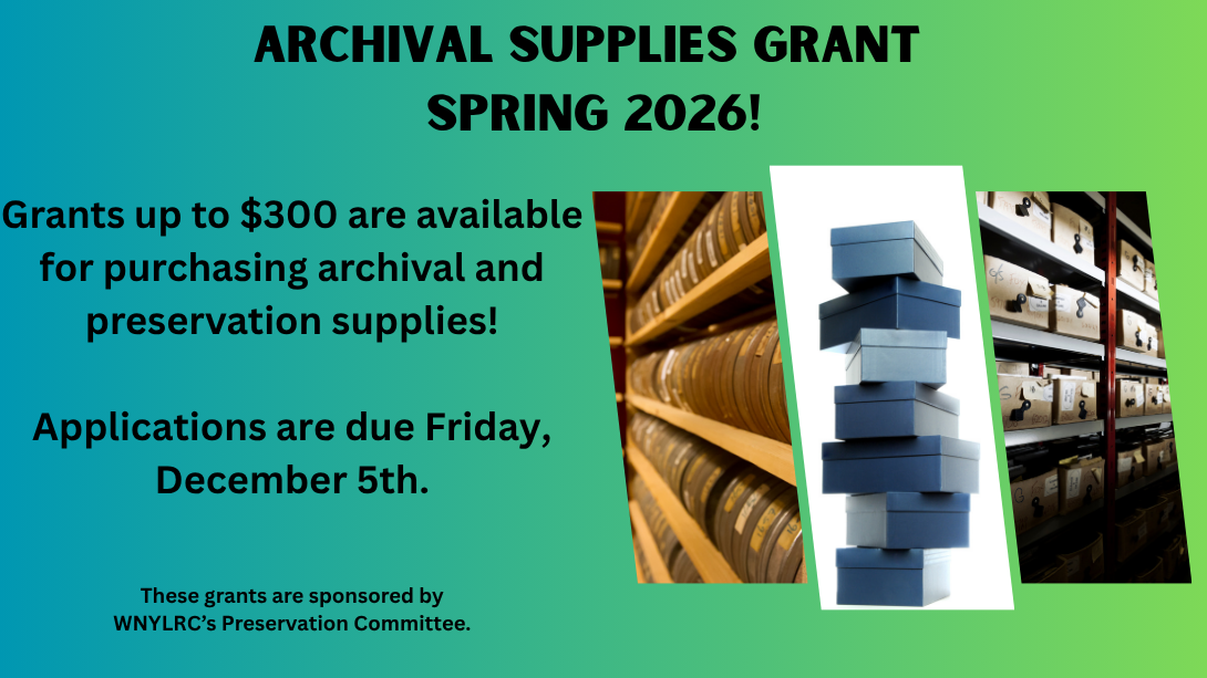 A green and blue promotional slide for the archives supplies grant with promo images of archival boxes, film canisters, and archival shelving