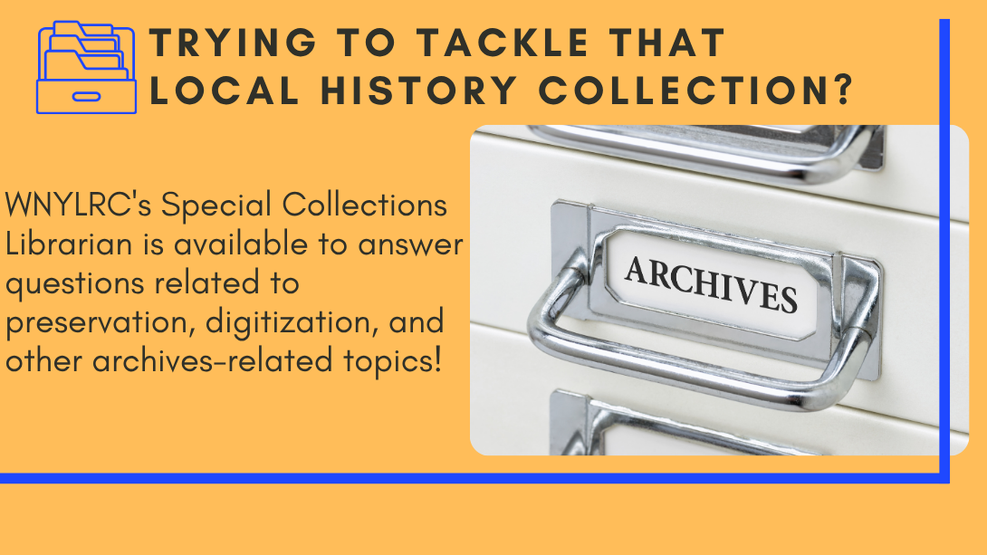 An orange and blue promotion image with a picture of a metal drawer labeled Archives.